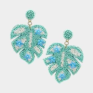 Mint green light blue seed bead tropical leaf felt earrings